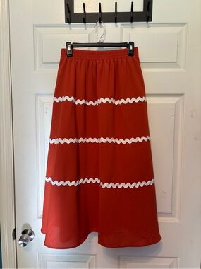 Grace Karin Burnt Orange A-Line Midi Skirt with White Trim